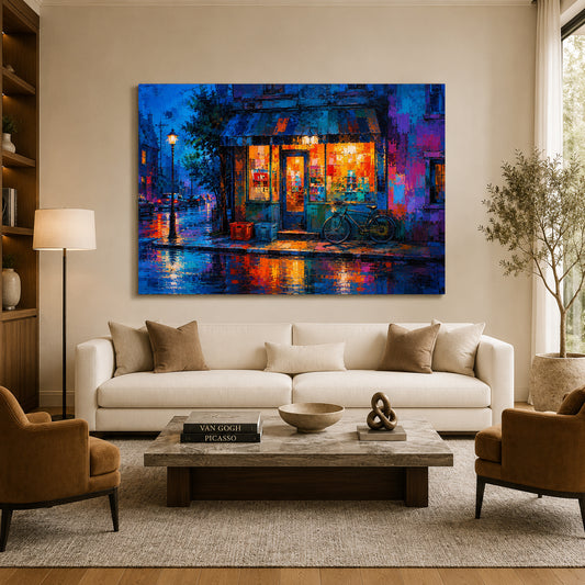 Rainy Night Corner Shop Urban Street Canvas Wall Art
