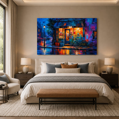 Rainy Night Corner Shop Urban Street Canvas Wall Art