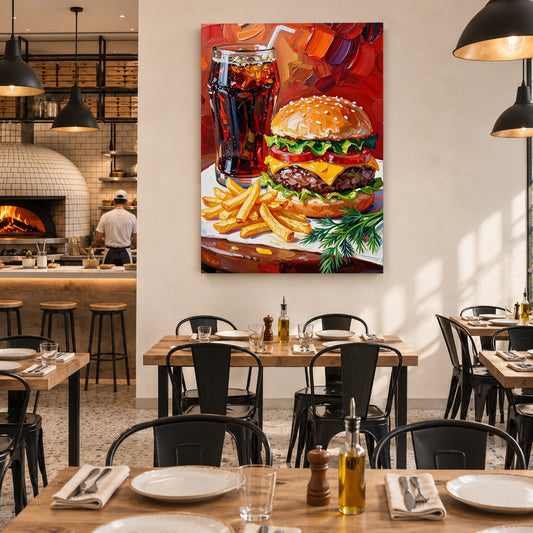 A colorful canvas wall art print depicting a large cheeseburger and a glass of cola, displayed on a white wall in a modern restaurant setting with wooden tables and black chairs.