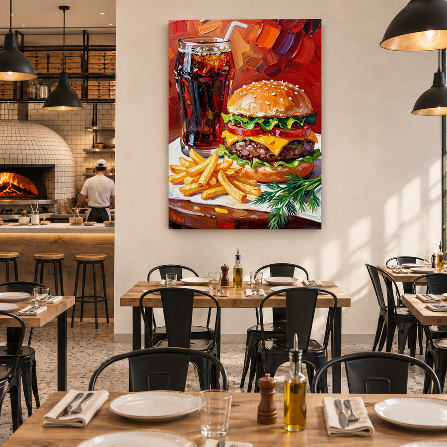 Classic Burger Wall Art with Fries & Cola for Kitchen or Café