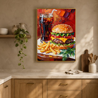 A framed colorful painting of a hamburger, french fries, and a glass of cola hanging on a beige wall above a kitchen counter with a plant and wooden cabinets.