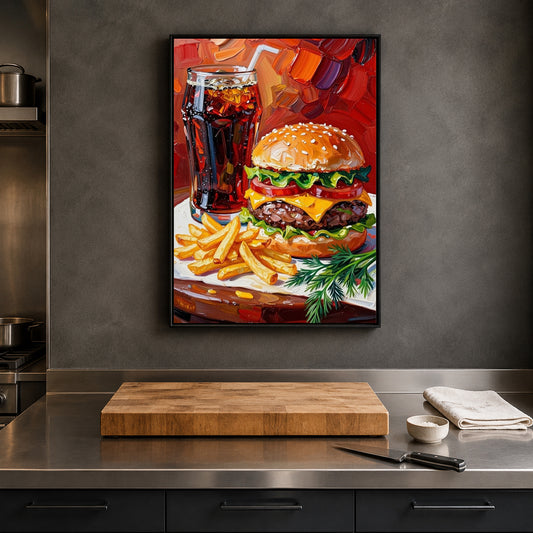 A framed colorful painting of a hamburger with fries and a glass of cola hanging on a dark gray kitchen wall above a wooden cutting board and stainless steel counter.