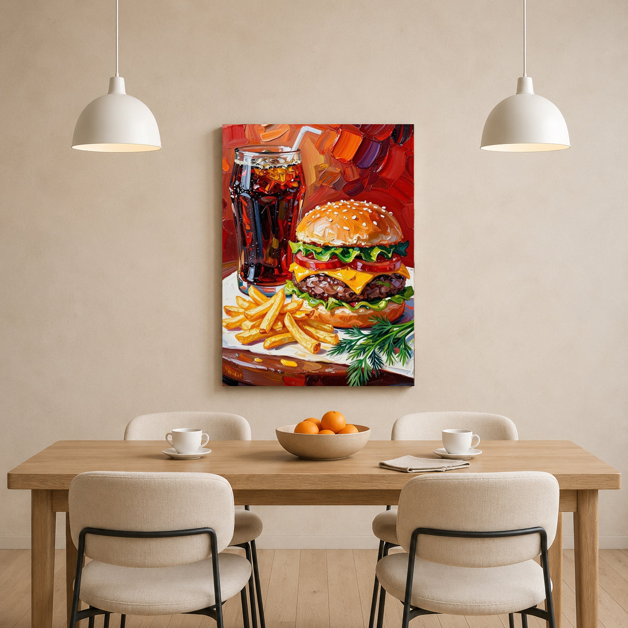 A colorful canvas wall art print depicting a gourmet burger, french fries, and a glass of cola, displayed on a beige wall above a wooden dining table with chairs.