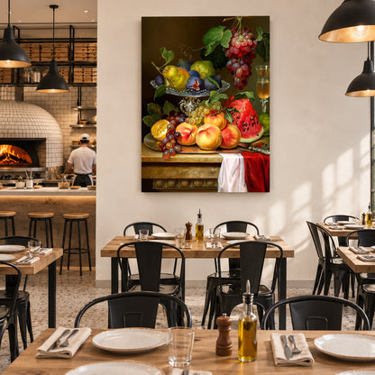A large vertical canvas print of a classic still life fruit painting hangs on a white wall in a modern restaurant setting with wooden tables, black chairs, and hanging pendant lights.