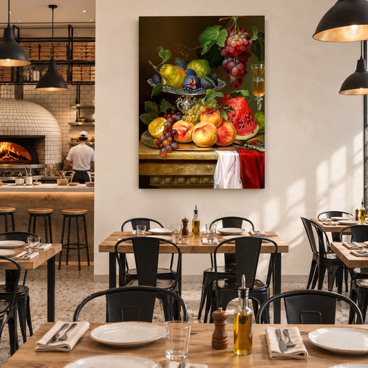 A large vertical canvas print of a classic still life fruit painting hangs on a white wall in a modern restaurant setting with wooden tables, black chairs, and hanging pendant lights.