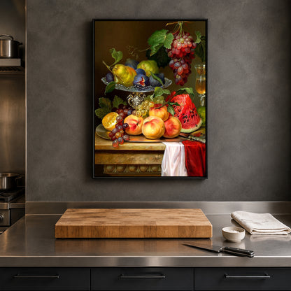 A framed vertical canvas print of a classic still life fruit painting hangs on a dark gray kitchen wall above a stainless steel countertop with a wooden cutting board and a knife.