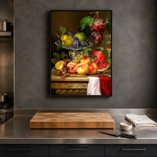 A framed vertical canvas print of a classic still life fruit painting hangs on a dark gray kitchen wall above a stainless steel countertop with a wooden cutting board and a knife.