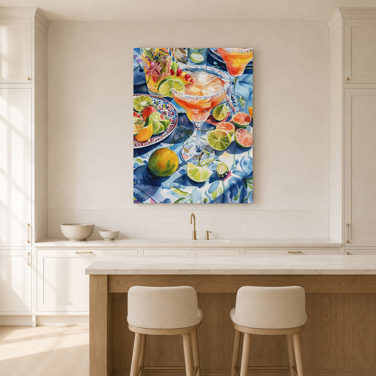 A colorful canvas wall art print depicting a vibrant cocktail and fruit table scene, displayed in a bright, modern kitchen above a bar counter with two stools.