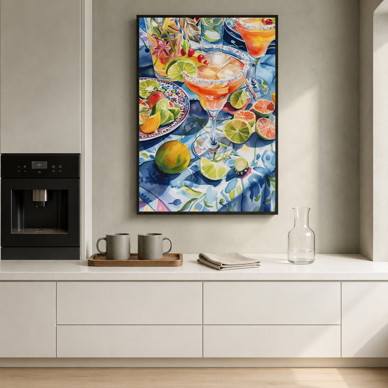 A colorful framed wall art print depicting a vibrant still life of margarita cocktails, limes, citrus slices, and flowers, displayed on a light gray wall above a white kitchen counter.