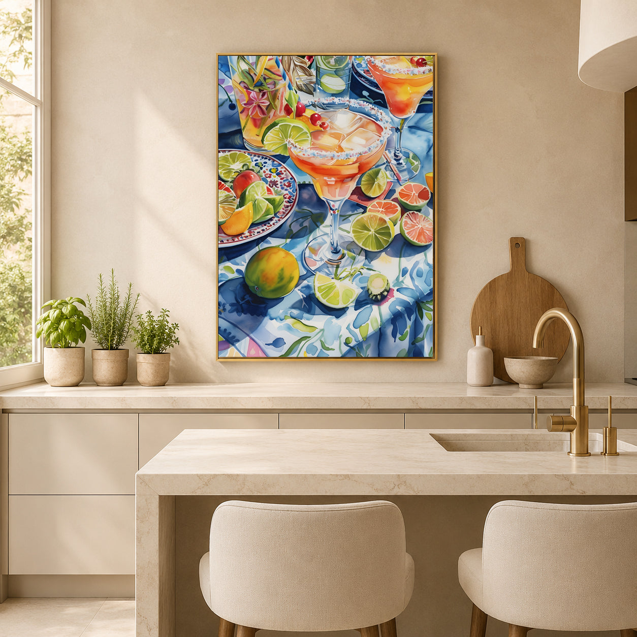 A colorful framed art print depicting a vibrant cocktail and citrus scene, displayed on a beige kitchen wall above a marble island with two cream chairs.