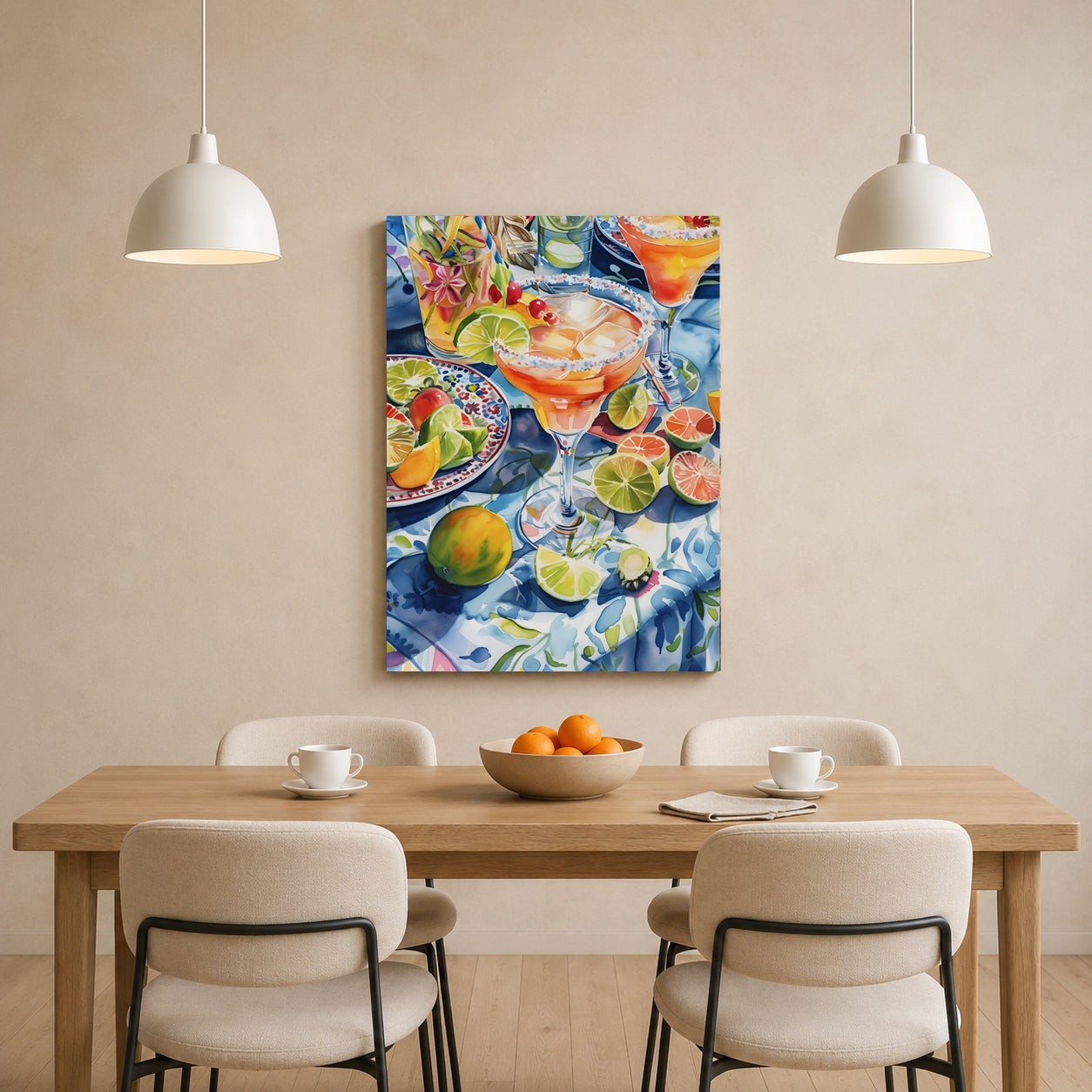 A colorful canvas wall art print depicting a vibrant margarita and fruit table scene, hanging on a beige wall above a wooden dining table with chairs in a modern dining room setting.