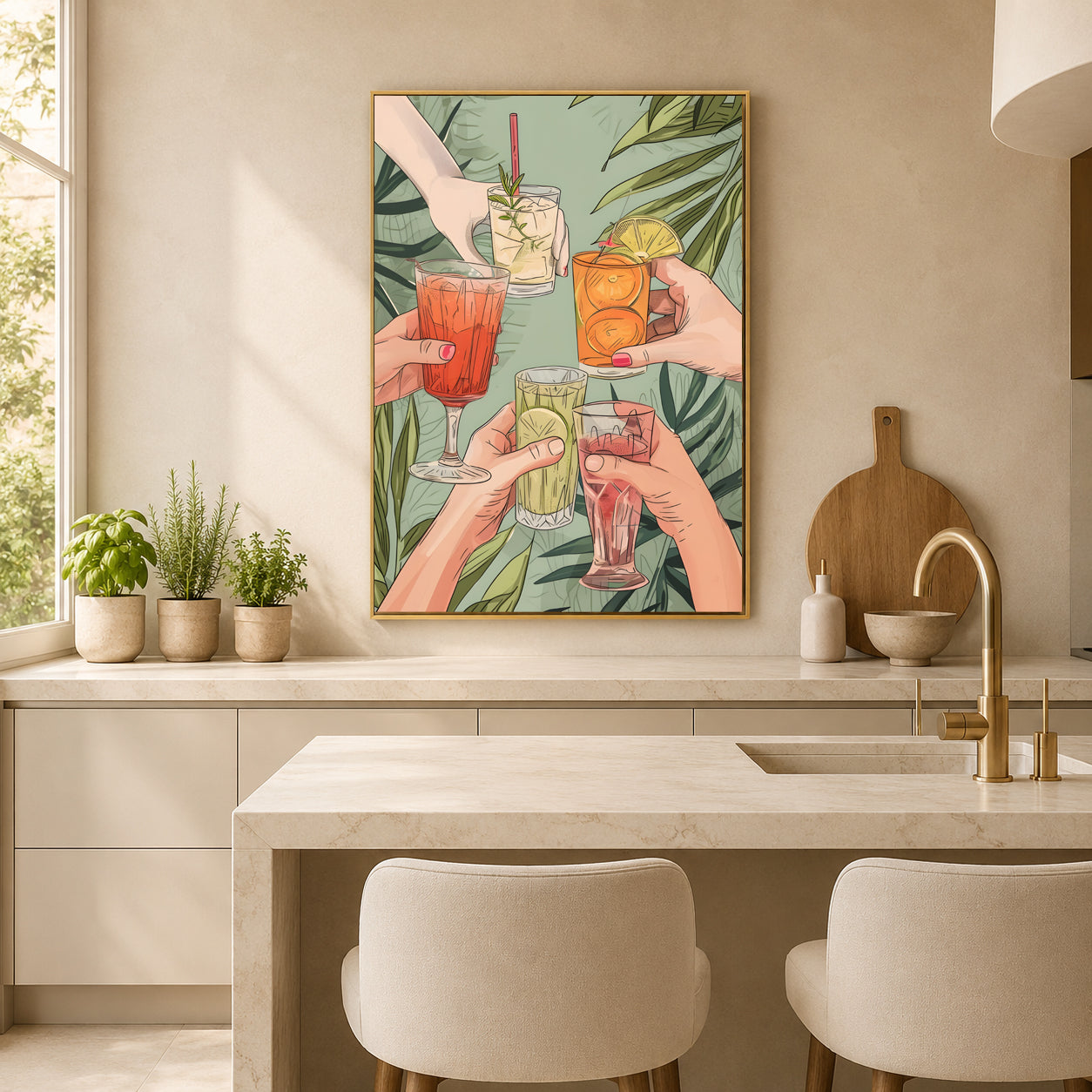 A framed wall art print depicting a group of hands clinking colorful cocktails against a tropical leaf background, displayed above a kitchen island in a modern beige kitchen setting.
