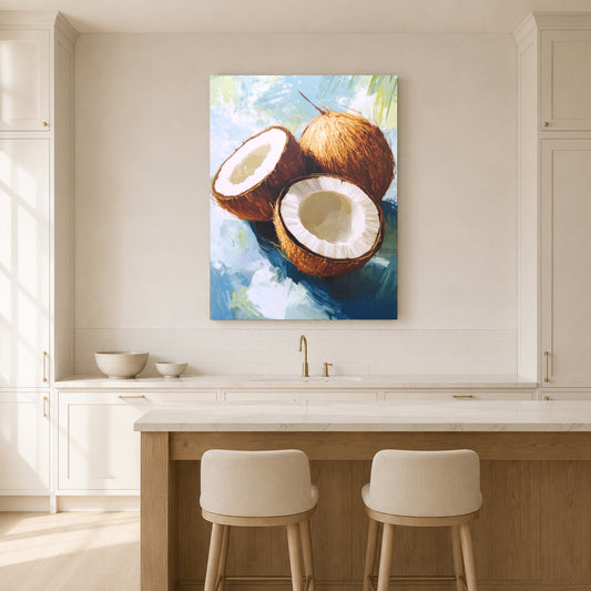 A vertical canvas wall art print depicting painted coconuts, hanging on a cream kitchen wall above a wooden island with two stools.
