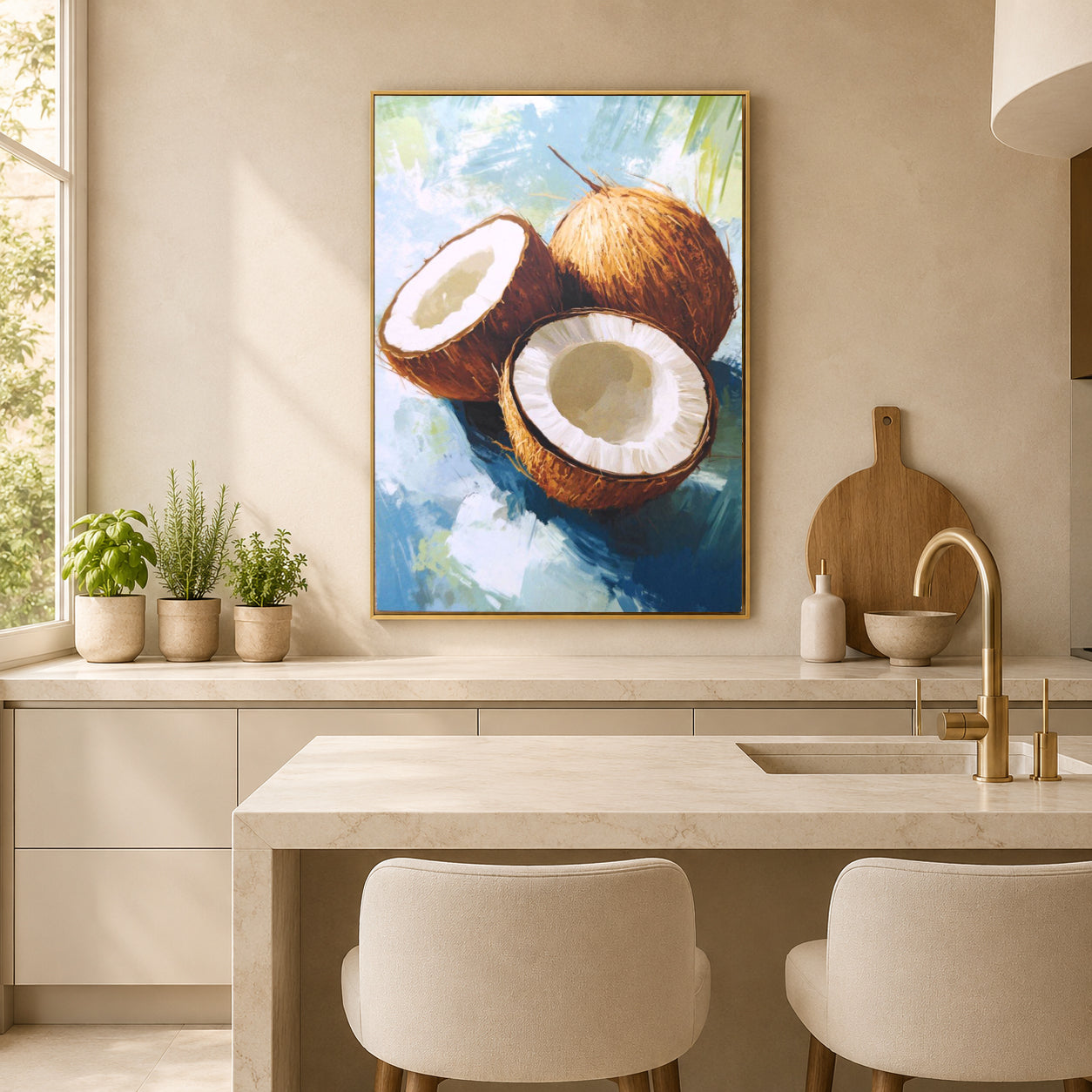 A framed art print depicting two coconuts on a blue and white background, displayed on a beige kitchen wall above a marble island with neutral chairs.