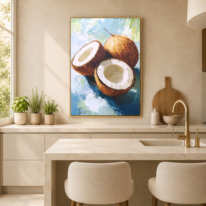 A framed art print depicting two coconuts on a blue and white background, displayed on a beige kitchen wall above a marble island with neutral chairs.