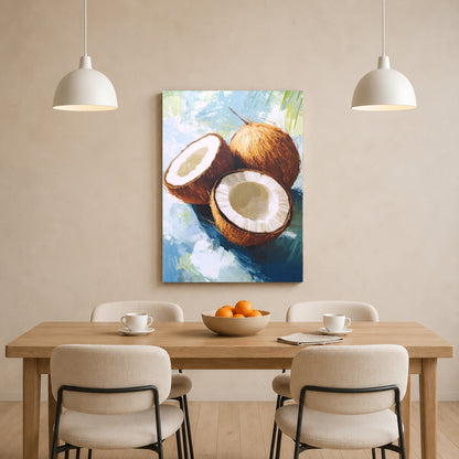 A vertical canvas painting of three coconuts, one whole and two halved, displayed on a beige wall above a wooden dining table with chairs and pendant lights.