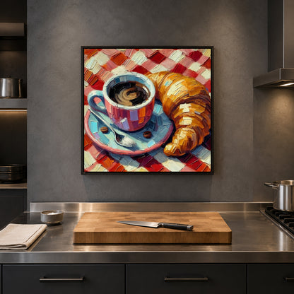 A framed colorful painting of a coffee cup on a saucer with a croissant on a checkered tablecloth, displayed on a dark gray kitchen wall above a stainless steel counter with a wooden cutting board.