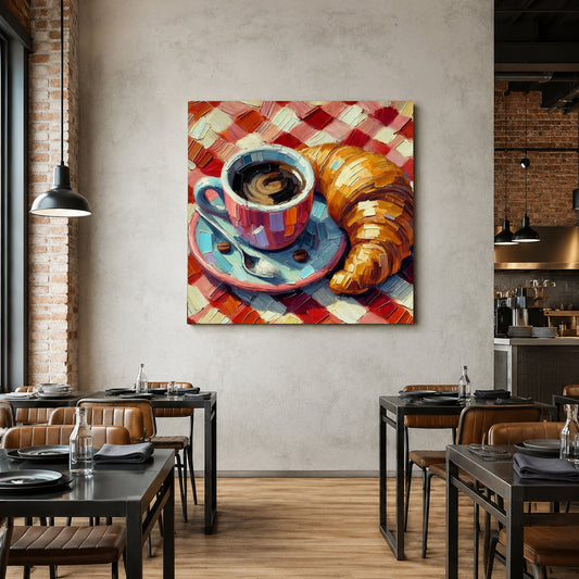 A colorful canvas wall art print depicting a cup of coffee and a croissant on a red-and-white checkered tablecloth, displayed on a textured beige wall in a modern restaurant interior.