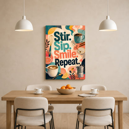 A colorful coffee-themed canvas wall art print with the words 'Stir. Sip.