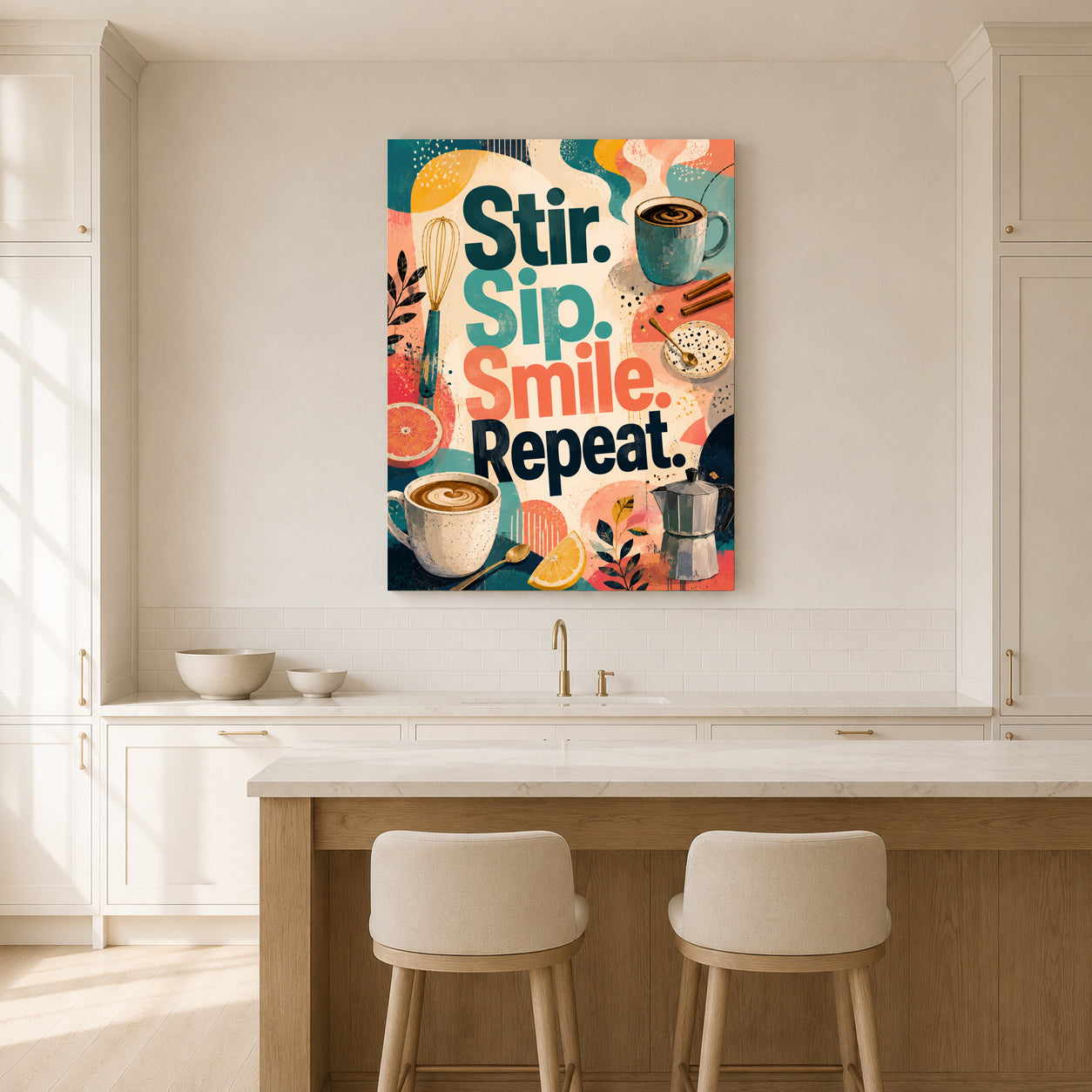 A colorful wall art print with the words 'Stir. Sip.