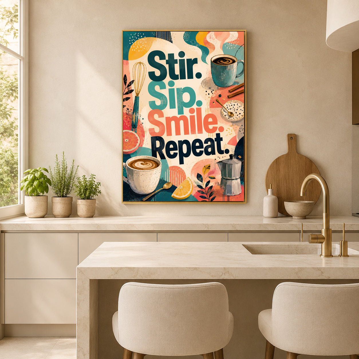 A colorful framed wall art print with the phrase “Stir. Sip.