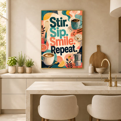 A colorful framed wall art print with the phrase “Stir. Sip.