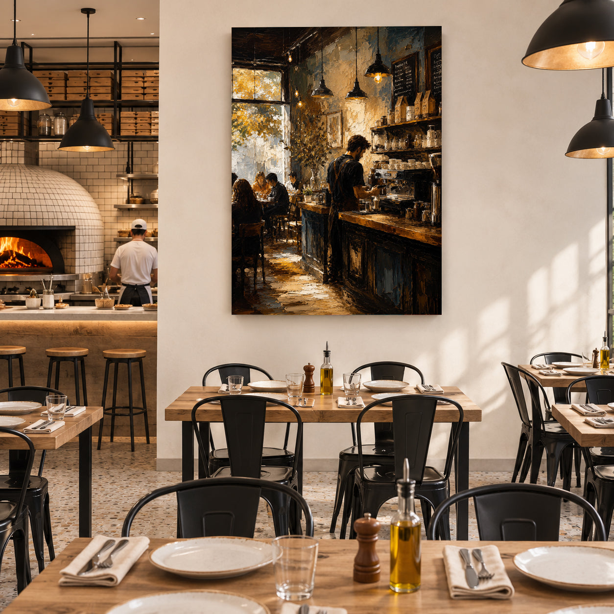 A large vertical canvas print of a warm, moody bar and restaurant interior hangs on a white wall in a dining area. The artwork depicts silhouetted figures, hanging pendant lights, wooden tables, and warm golden lighting.
