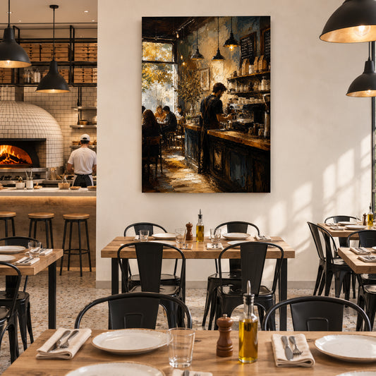 A large vertical canvas print of a warm, moody bar and restaurant interior hangs on a white wall in a dining area. The artwork depicts silhouetted figures, hanging pendant lights, wooden tables, and warm golden lighting.