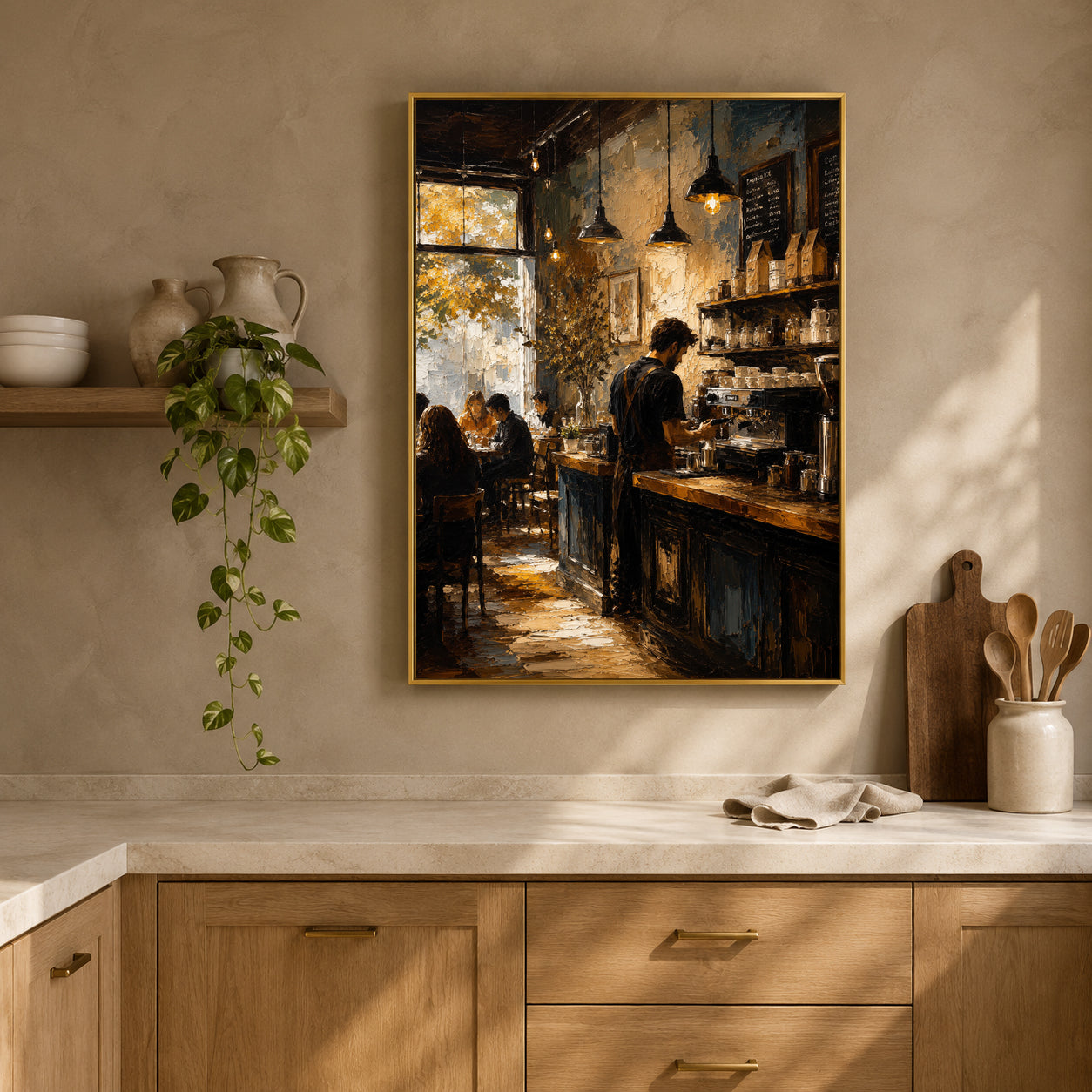 A framed vertical canvas print of a warm, painterly cafe interior hangs on a beige wall above a wooden countertop with a hanging green plant and kitchen utensils.