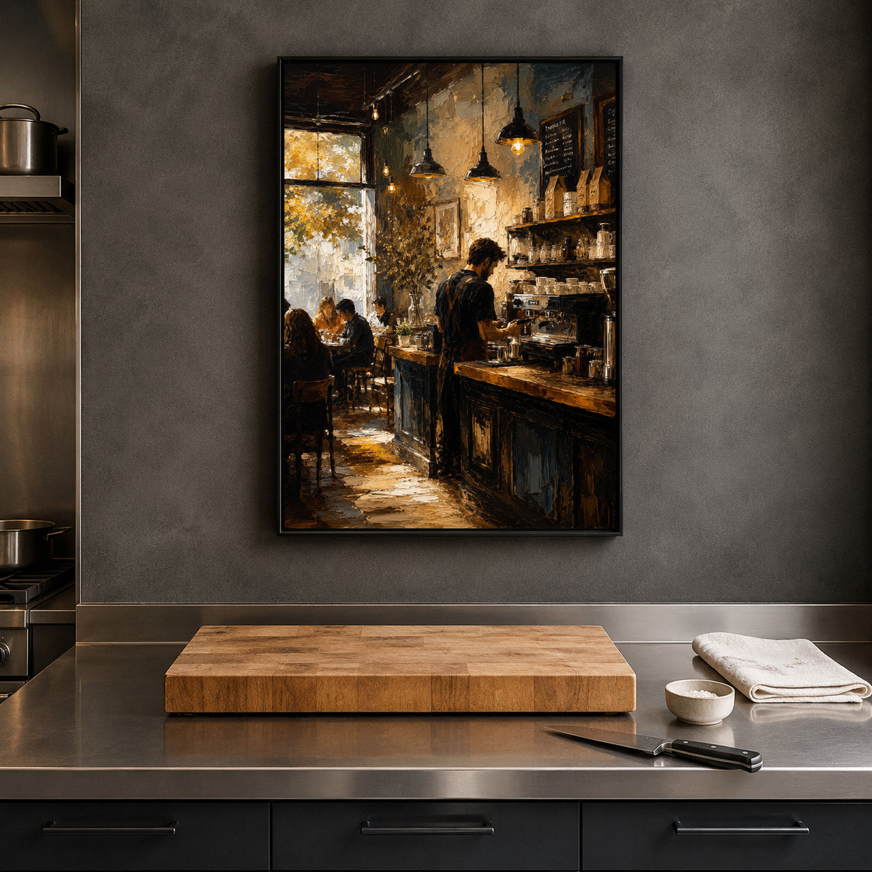 A framed vertical canvas print of a warm, cozy cafe interior hangs on a dark gray textured wall above a stainless steel countertop with a wooden cutting board, knife, and folded cloth.