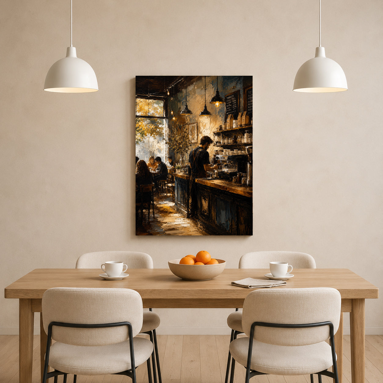 A vertical canvas art print depicting a warm, atmospheric cafe interior, displayed on a beige wall above a wooden dining table with chairs and pendant lights.