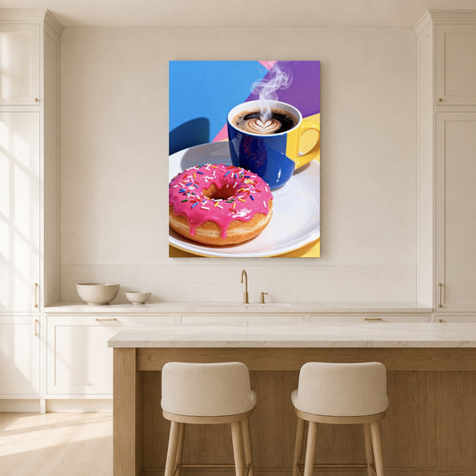 A colorful canvas wall art print depicting a pink frosted donut and a blue coffee mug, displayed on a beige wall in a modern kitchen setting above a wooden island and two stools.