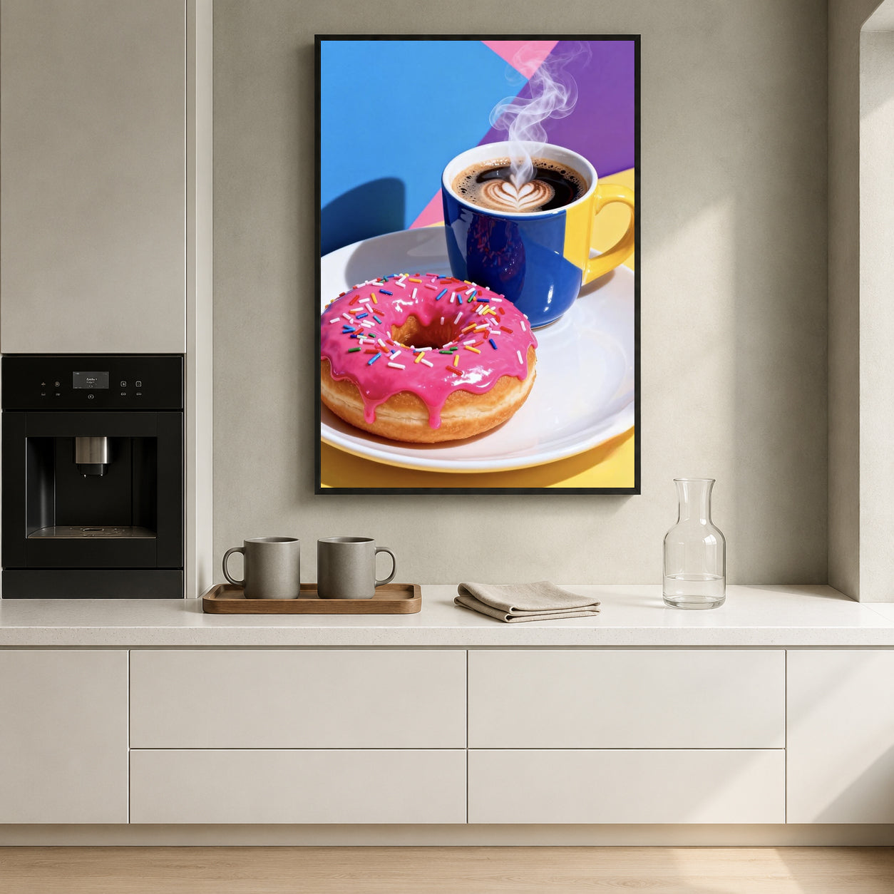 A framed wall art print showing a pink frosted donut and a blue coffee cup on a white plate, displayed above a kitchen counter in a modern interior setting.