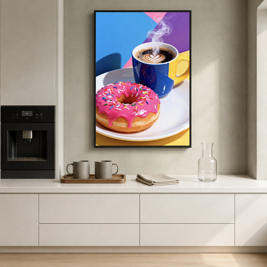A framed wall art print showing a pink frosted donut and a blue coffee cup on a white plate, displayed above a kitchen counter in a modern interior setting.