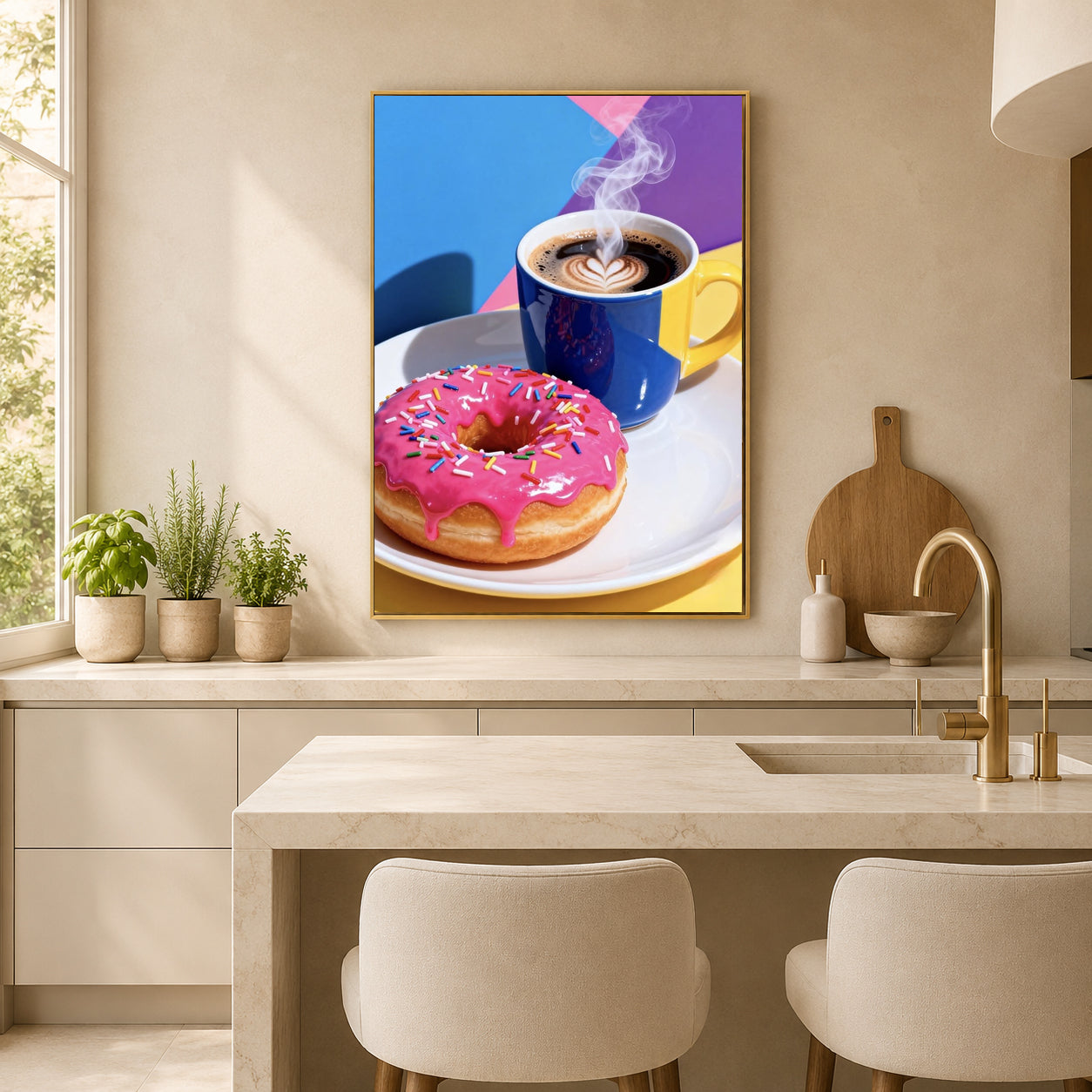 A framed vertical art print featuring a pink frosted donut and a blue coffee mug with latte art, displayed on a beige kitchen wall above a counter with plants and chairs.