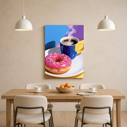 A vertical canvas wall art print depicting a colorful coffee and donut scene, displayed on a beige wall above a wooden dining table with chairs in a modern dining room setting.