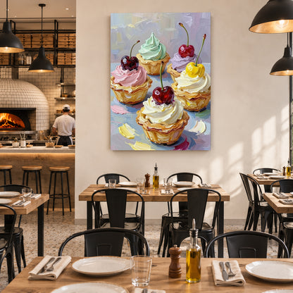 A colorful canvas wall art print depicting four decorated cupcakes with cherries, displayed on a beige wall in a modern restaurant setting with wooden tables and black chairs.