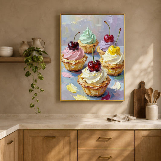 A framed colorful painting of six iced cupcakes with cherries, hanging on a beige wall above a kitchen counter with a plant and wooden utensils.