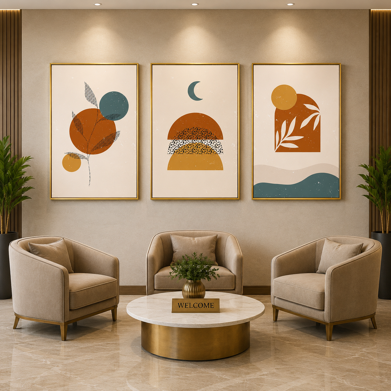 Boho Abstract Canvas Wall Art Set of 3 Modern Neutral Decor