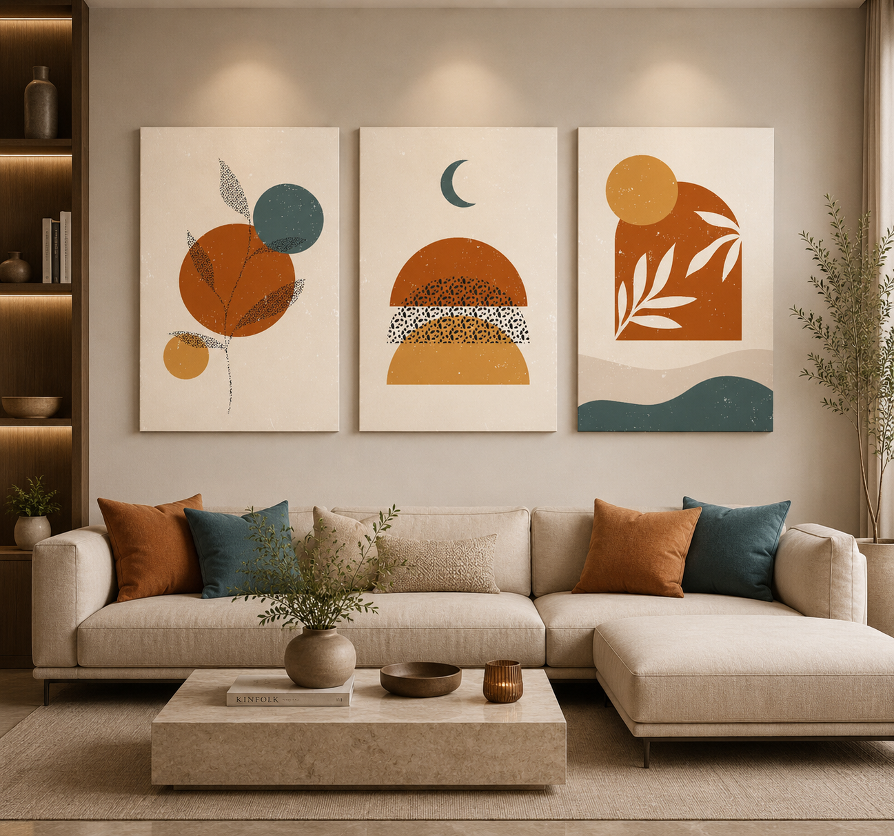 Boho Abstract Canvas Wall Art Set of 3 Modern Neutral Decor