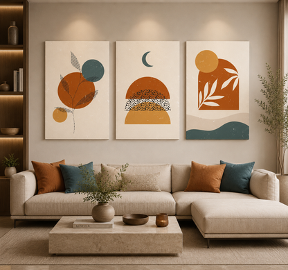 Boho Abstract Canvas Wall Art Set of 3 Modern Neutral Decor