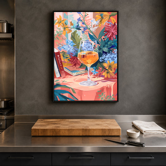 A framed colorful painting of a wine glass with orange wine, flowers, and books, displayed on a dark gray kitchen wall above a stainless steel counter with a wooden cutting board.