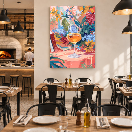 A colorful wall art canvas featuring a wine glass, flowers, and books, displayed in a modern restaurant setting above wooden dining tables.