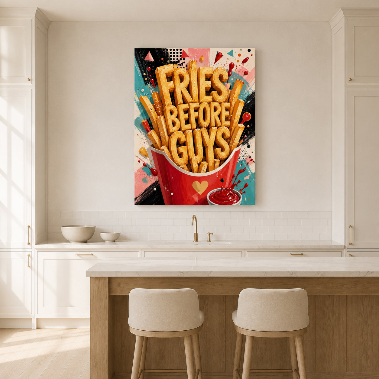 A colorful canvas wall art print featuring the text 'FRIES BEFORE GUYS' in bold yellow letters over a red french fry container, displayed on a white kitchen wall above a counter with two stools.