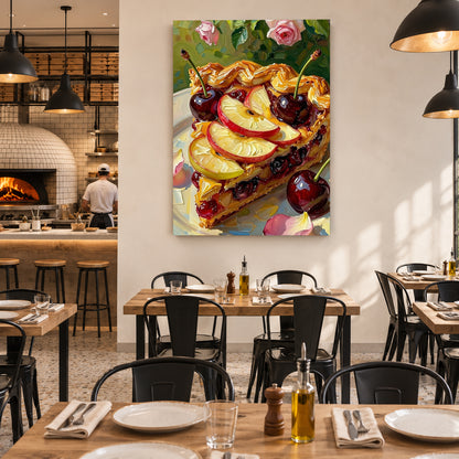 A colorful canvas wall art print depicting a slice of fruit tart with cherries and sliced apples, displayed on a white wall in a modern, well-lit restaurant interior with wooden tables and black chairs.