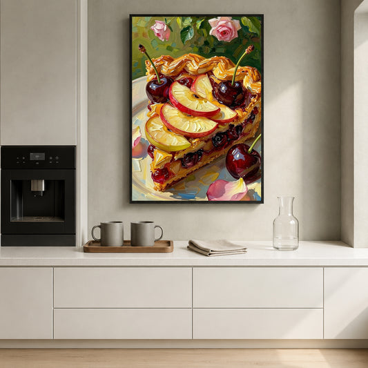 A framed vertical canvas print of a fruit tart with cherries and apple slices, hanging on a light gray wall above a white kitchen counter with mugs and a glass carafe.