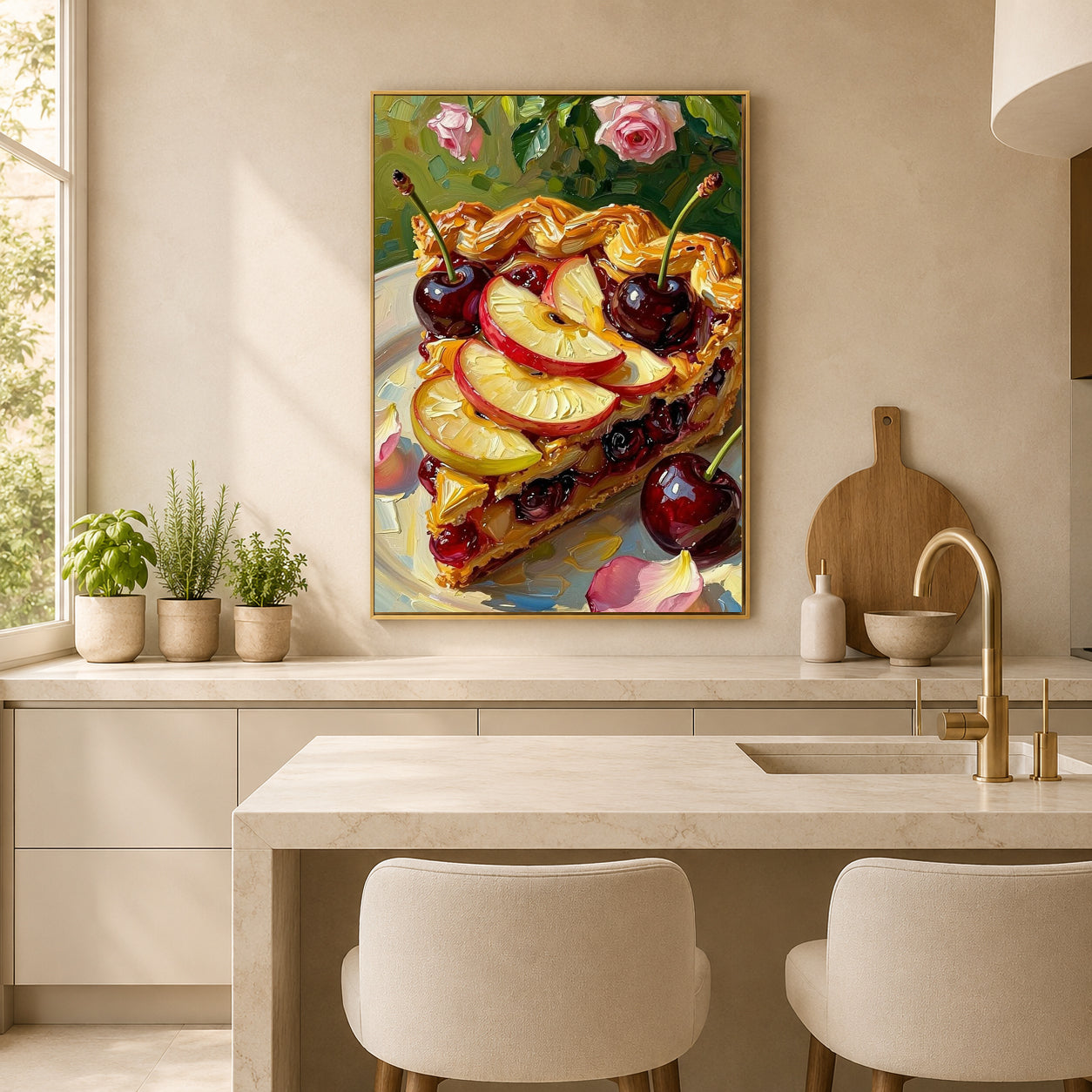 A framed canvas art print depicting a slice of fruit tart with cherries and peach slices, hanging on a beige wall in a modern kitchen setting above a marble island.