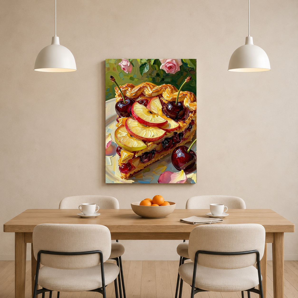 A vertical canvas art print depicting a colorful fruit tart with cherries and apple slices, displayed on a beige wall above a wooden dining table with chairs and pendant lights.