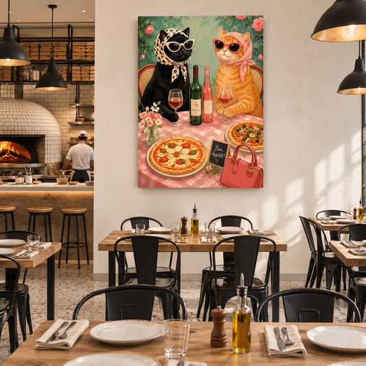A framed wall art print depicting a whimsical restaurant scene with two cats at a dining table, displayed on a white wall in a modern restaurant interior.