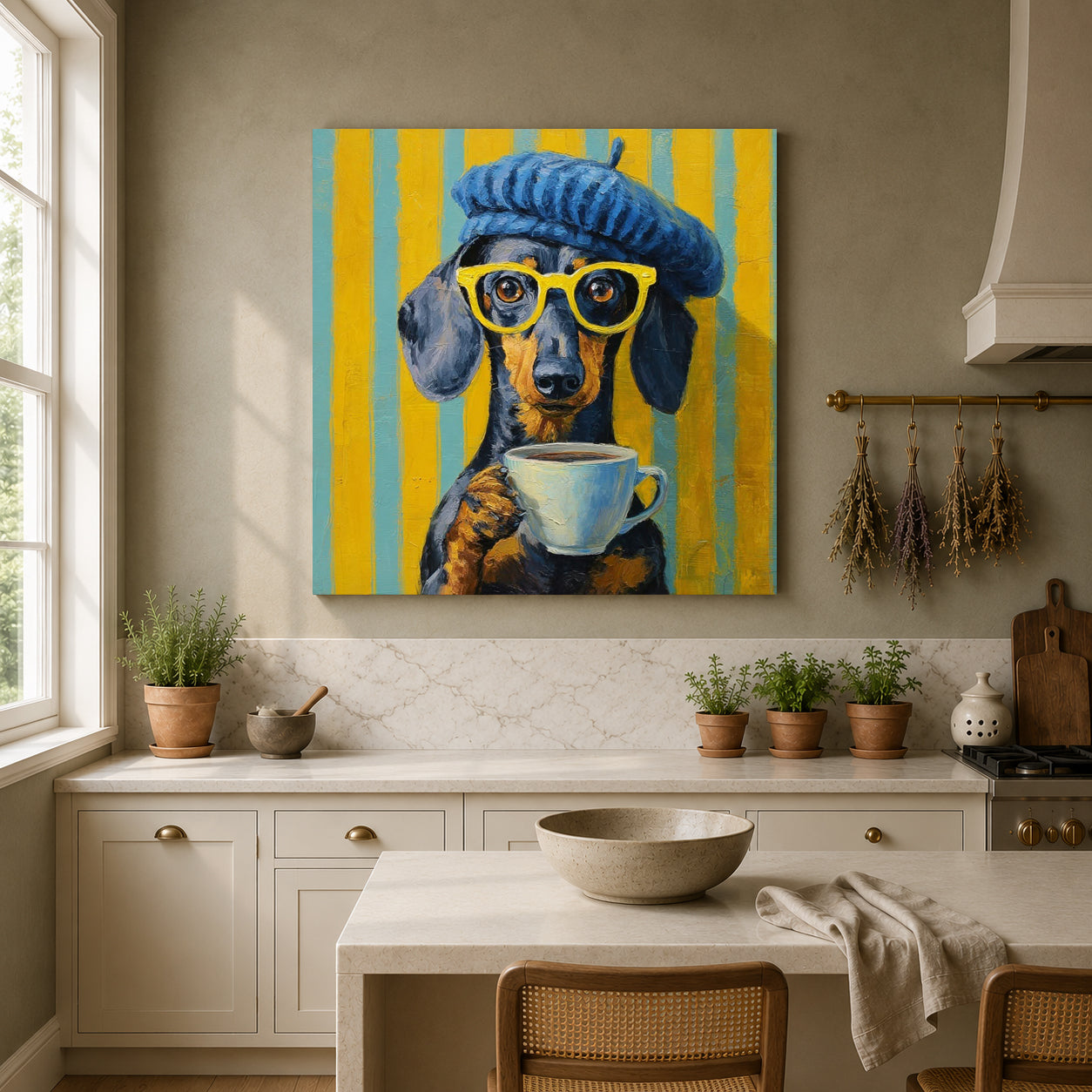 A colorful square wall art print depicting a dachshund wearing a blue beret and yellow glasses while holding a cup, displayed in a modern kitchen setting.